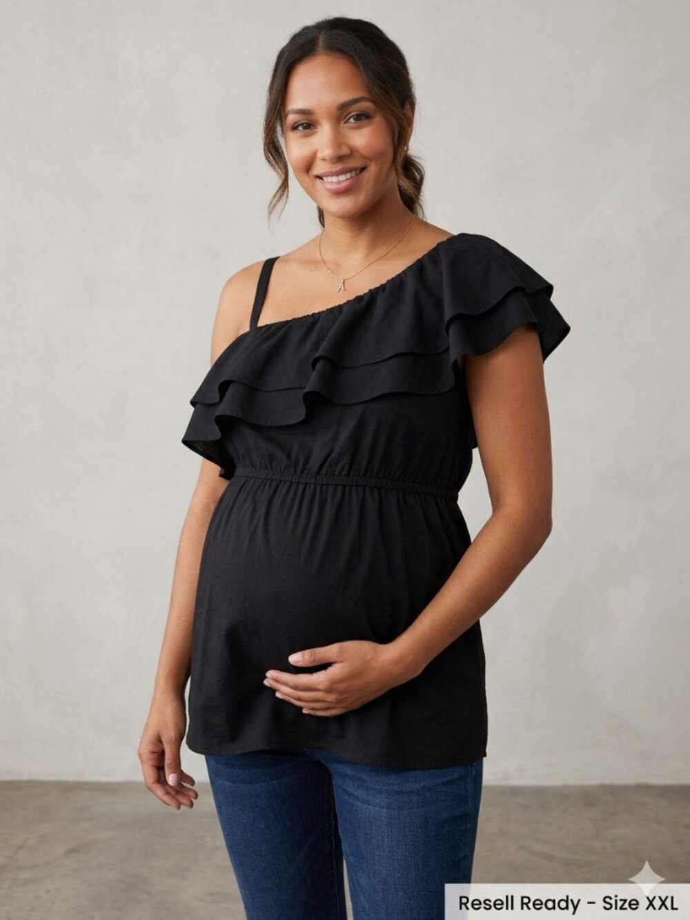 NWT Black Maternity Blouse XXL | Old Navy One-Shoulder Ruffle Top Elastic Waist